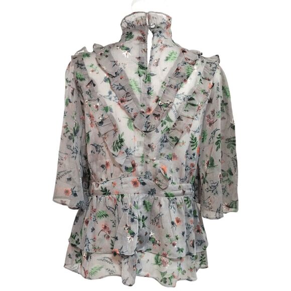 NWT Walter Baker Gray Floral Sheer Danielle Ruffle Blouse Butterflies Sz M - Picture 4 of 10